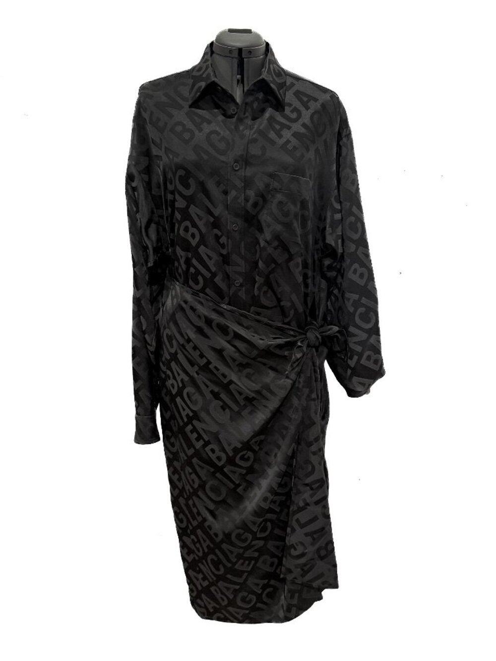 Balenciaga 2021 Black All-over Logo Wrap Shirt Dress